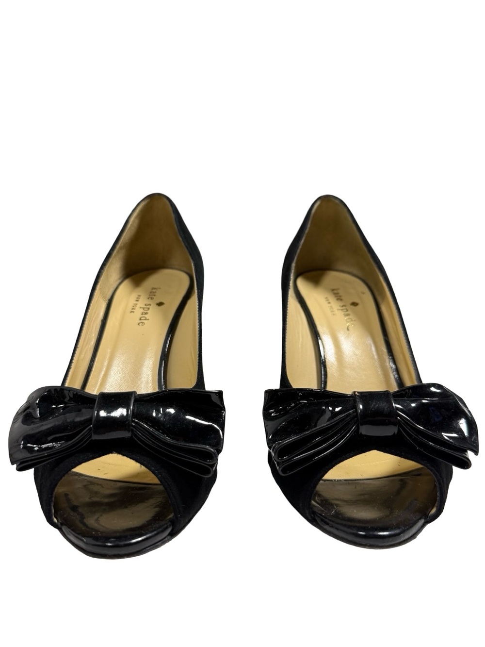 Kate Spade New York Womens 7.5 Black Suede Patent Bow Peep Toe Pumps Heels - Picture 2 of 10